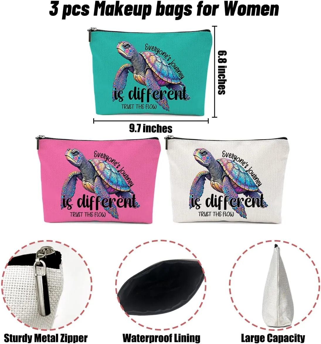 3 Pack Funny Beach Sea Turtle Gifts for Women Turtle Lovers Bestie Makeup Bag,Travel Essentials Cosmetic Bags for Women,Birthday Graduation Christmas Vacation Friendship Girl Weekend Journey