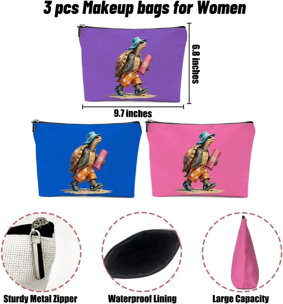 3 Pack Funny Beach Sea Turtle Gifts for Women Turtle Lovers Doctor Bestie Trip Makeup Bag,Travel Essentials Cosmetic Bags for Women,Birthday Graduation Vacation Friendship Girl Weekend Retirement