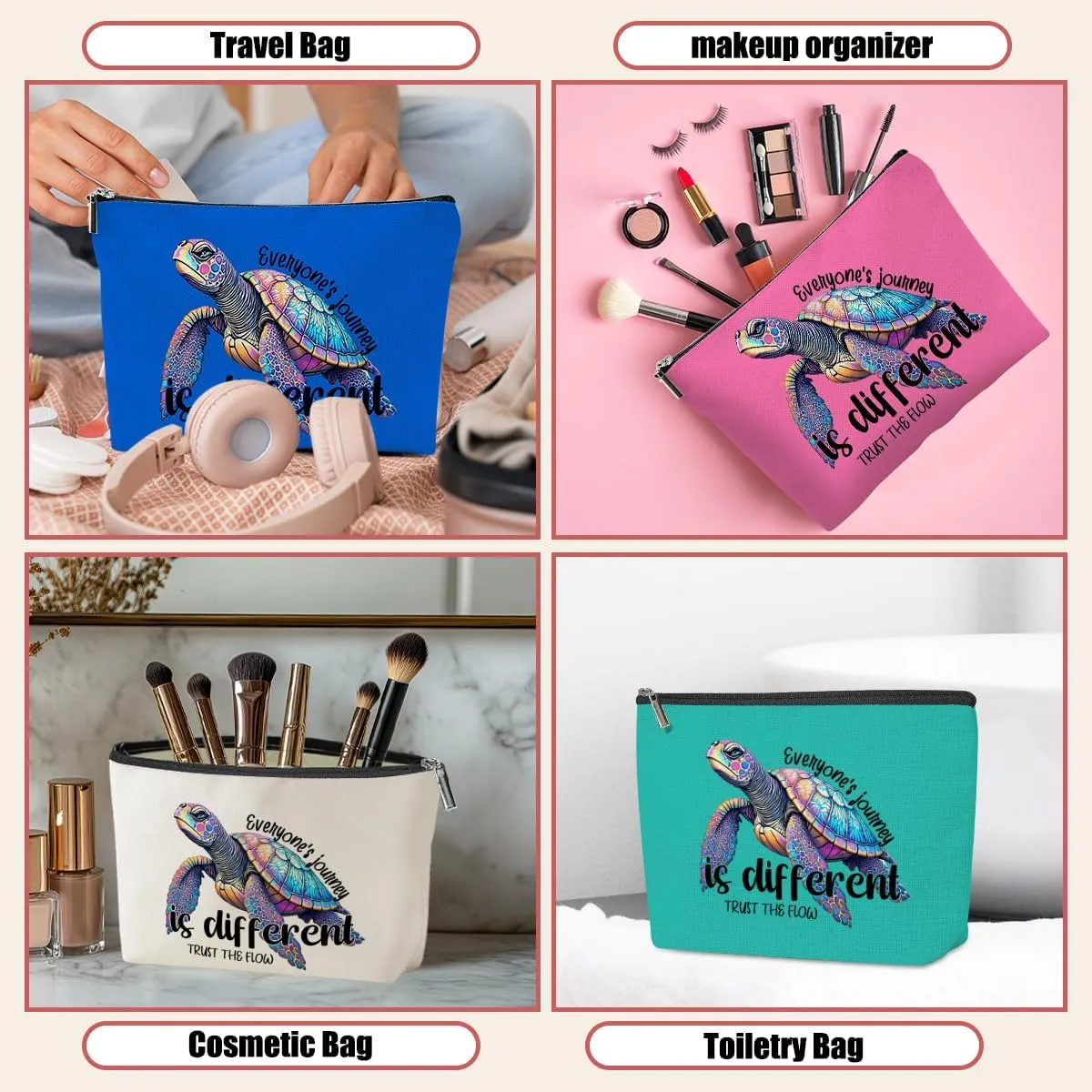 4 Pack Funny Beach Sea Turtle Gifts for Women Turtle Lovers Mom Bestie Teacher Girls Trip Makeup Bag,Travel Essentials Cosmetic Bags for Women,Graduation Christmas Birthday Vacation Weekend Journey