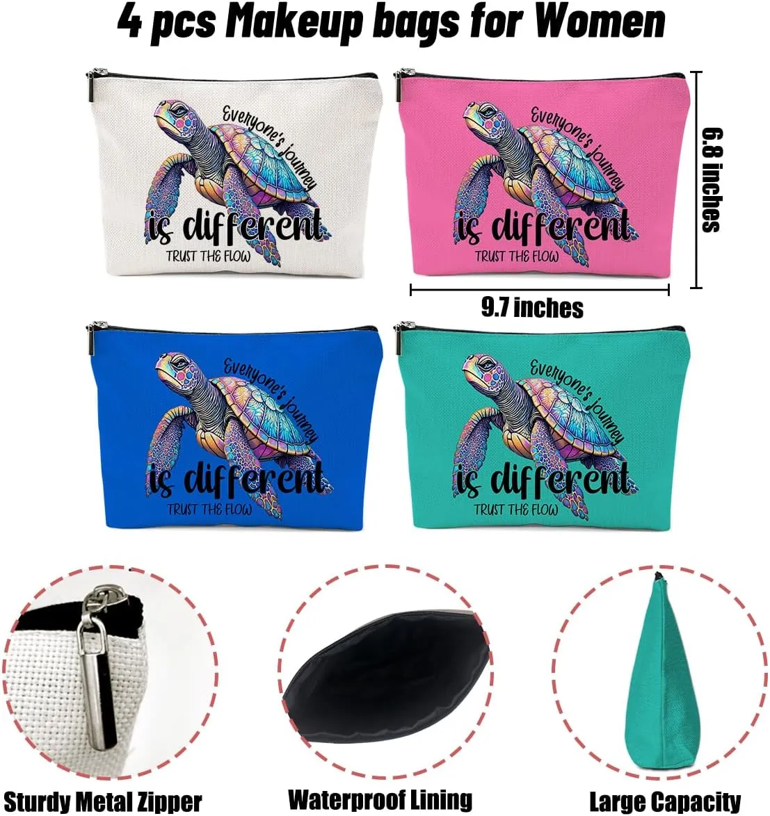 4 Pack Funny Beach Sea Turtle Gifts for Women Turtle Lovers Mom Bestie Teacher Girls Trip Makeup Bag,Travel Essentials Cosmetic Bags for Women,Graduation Christmas Birthday Vacation Weekend Journey