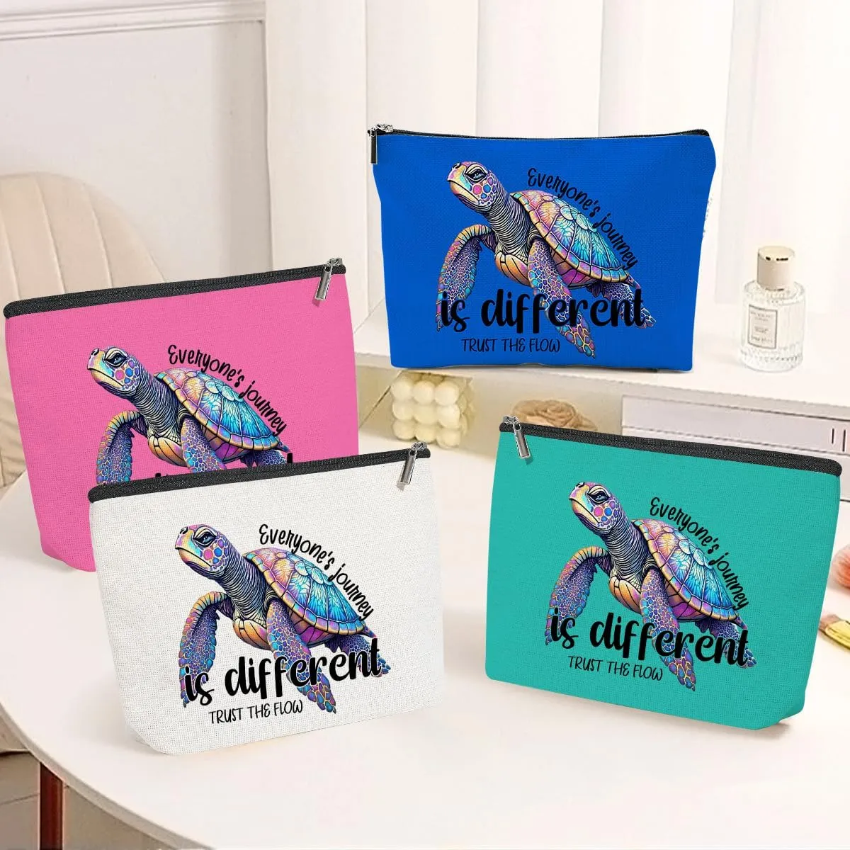 4 Pack Funny Beach Sea Turtle Gifts for Women Turtle Lovers Mom Bestie Teacher Girls Trip Makeup Bag,Travel Essentials Cosmetic Bags for Women,Graduation Christmas Birthday Vacation Weekend Journey