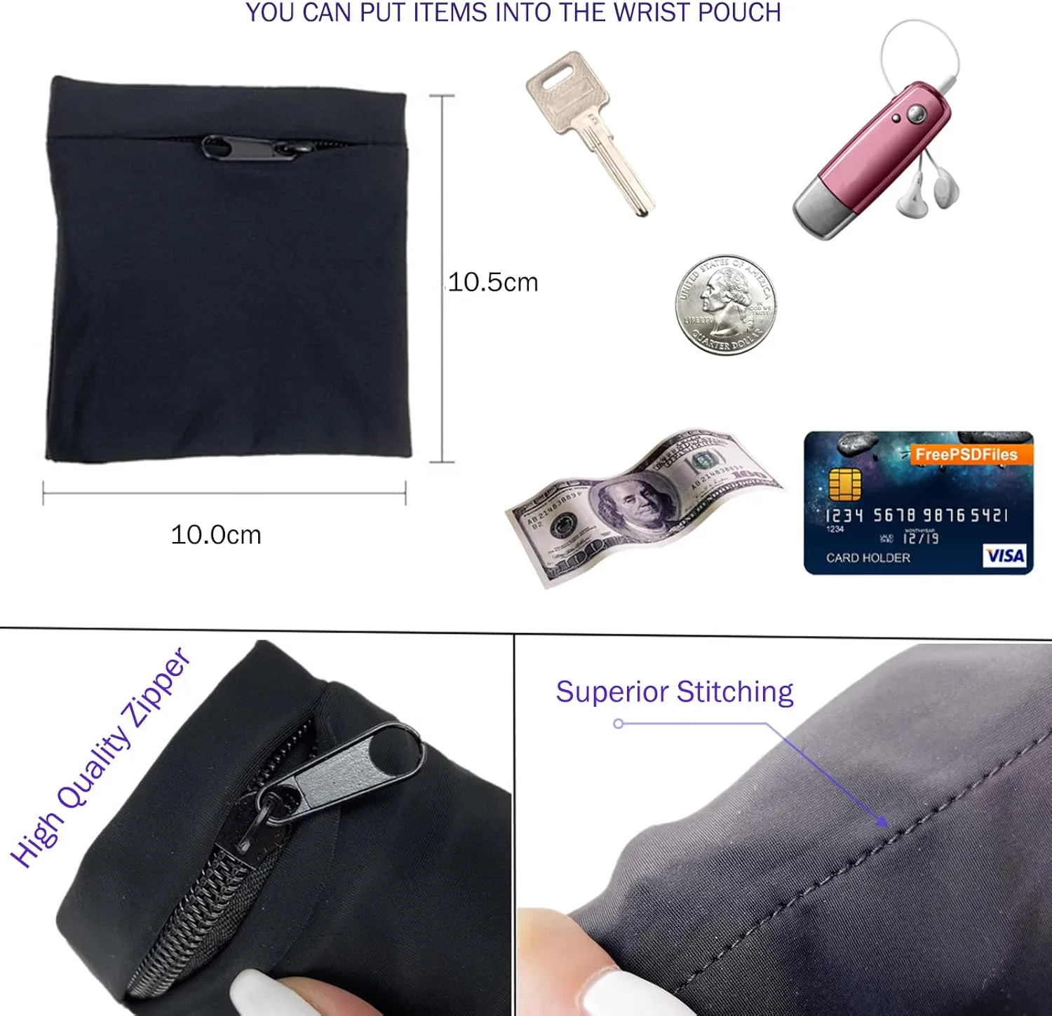 boshiho Unisex Zippered Wristband Pouch Runners Wrist Pocket Reversible Wrist Wallet