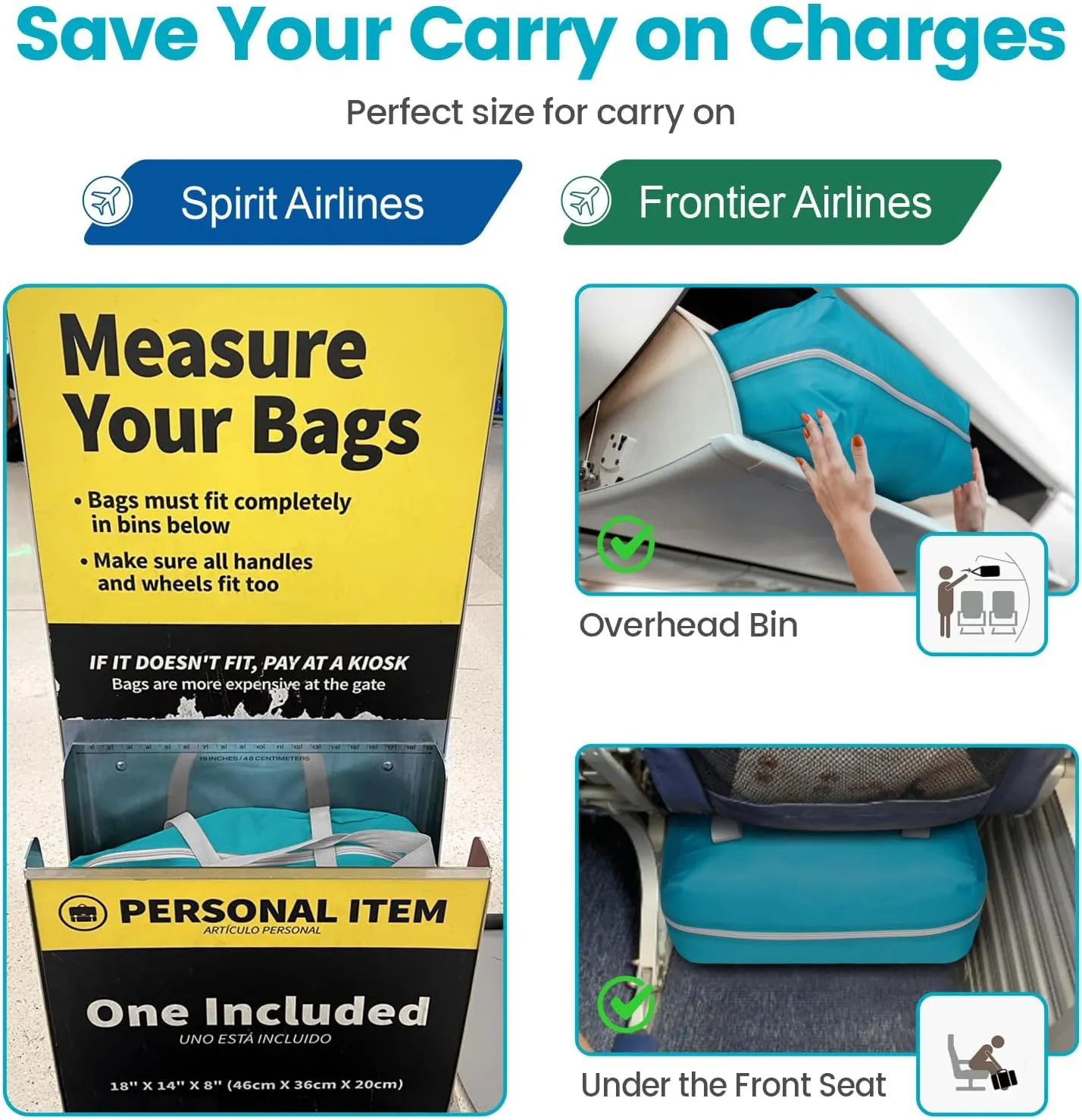 Cambond Spirit Airlines Personal Item Bag 18x14x8 Inch - 30L Lightweight Carry on Personal Item Travel Bag for Short Trip with Shoulder Strap, Compact Underseat Foldable Travel Duffel Bag, Lake Blue