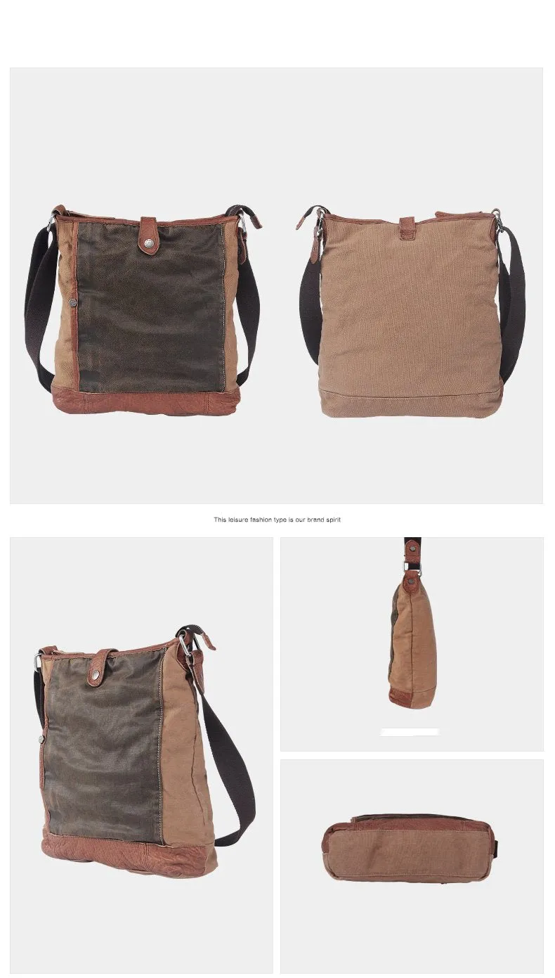 Canvas Leather Mens Distressed Brown Vertical Side Bag Messenger Bag Canvas Courier Bag for Men