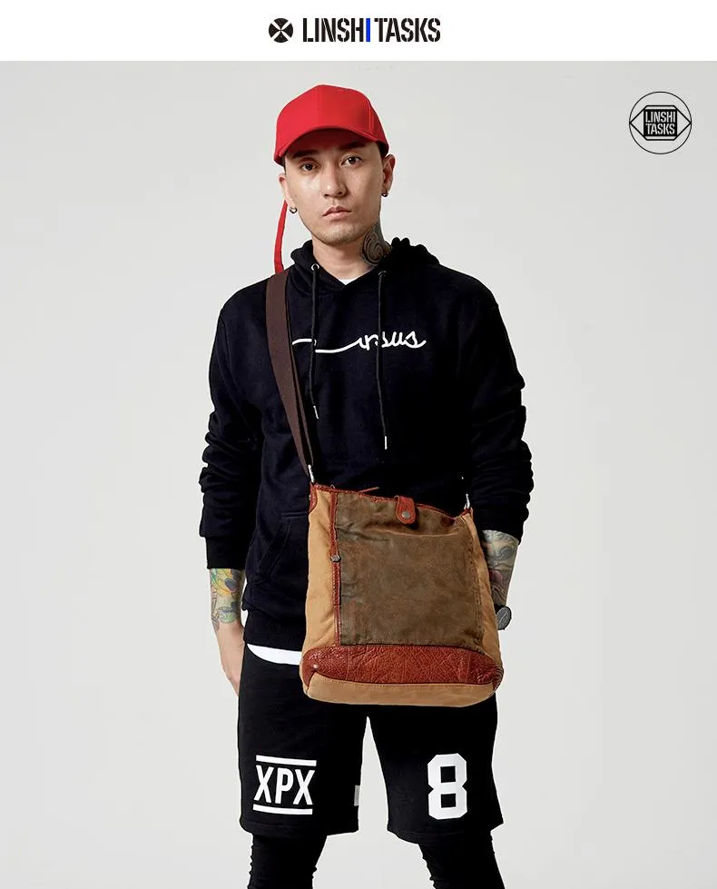 Canvas Leather Mens Distressed Brown Vertical Side Bag Messenger Bag Canvas Courier Bag for Men