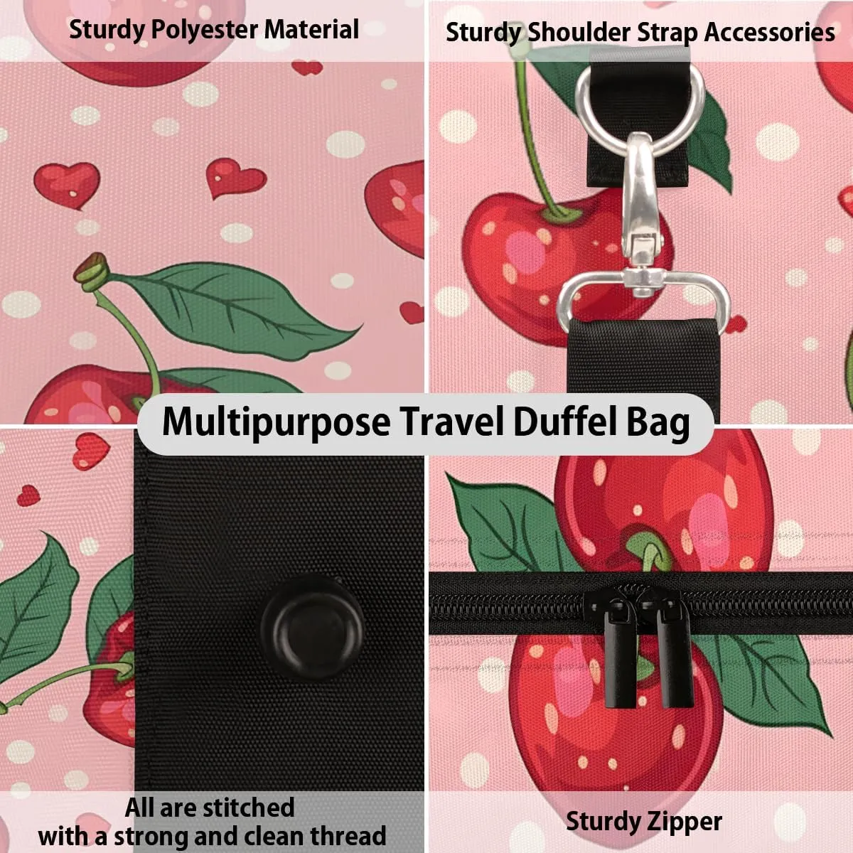 Cherry Travel Duffle Bag, Sports Gym Bags for Women Men, Carry On Weekender Overnight Bag, Cute Fruit Workout Hospital Airplane Trips Bag