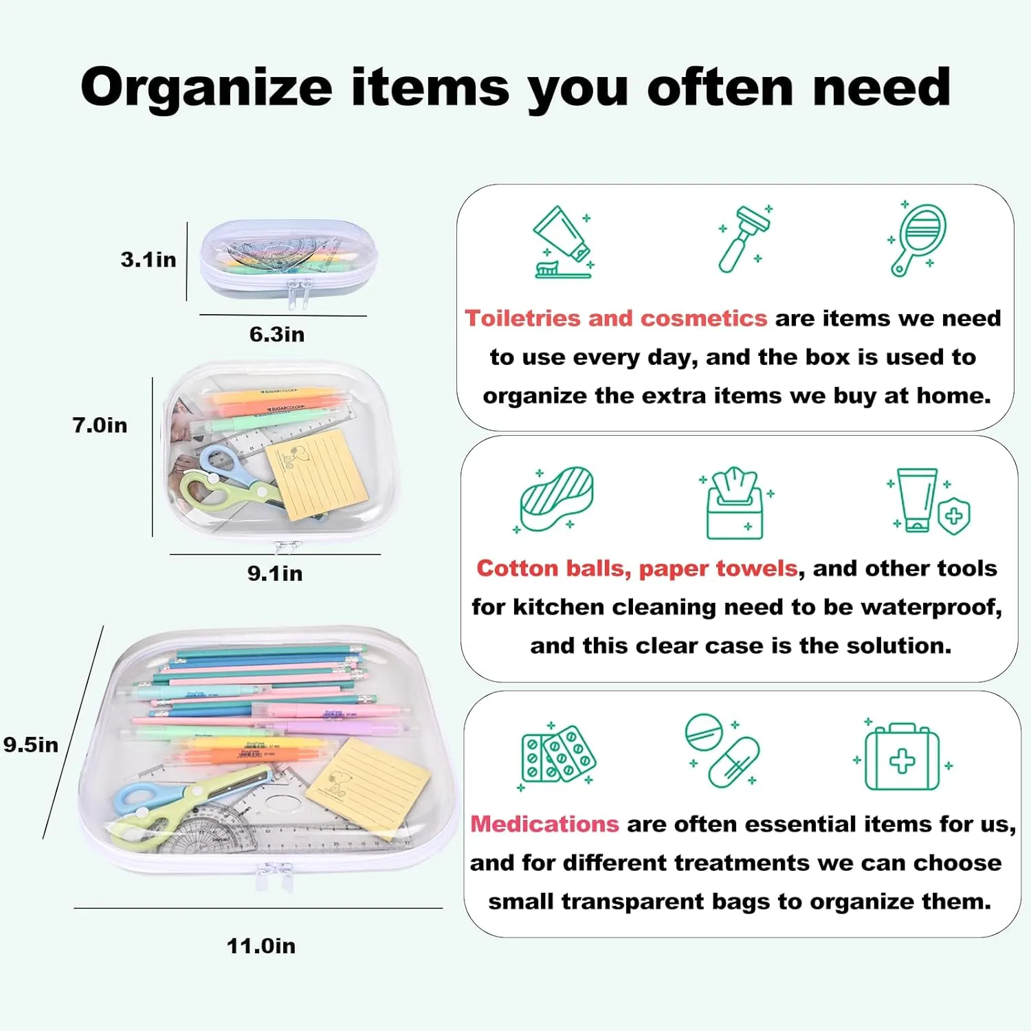 Clear Hard Shell Zipper Case,Transparent Clear Zipper Pouches,Hard Side Plastic Case Set,Portable Travel Storage Organizer Bins