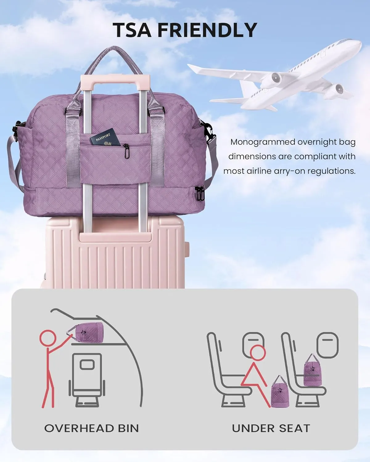 Duffle for Women with Shoe Compartment, Personalized Weekender with Shoulder Strap, Overnight Bag with Trolley Sleeve & Wet Pocket, Travel Bag with Makeup Bag (Letter E)