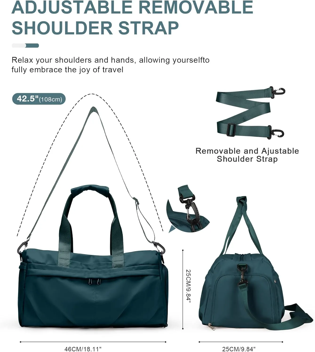 Gym Bag for Women Men with Shoe Compartment, Sport Duffel Bag, Waterproof Travel Weekender Overnight Carry on Bag for Yoga with Trolley Sleeve, Peacock Blue