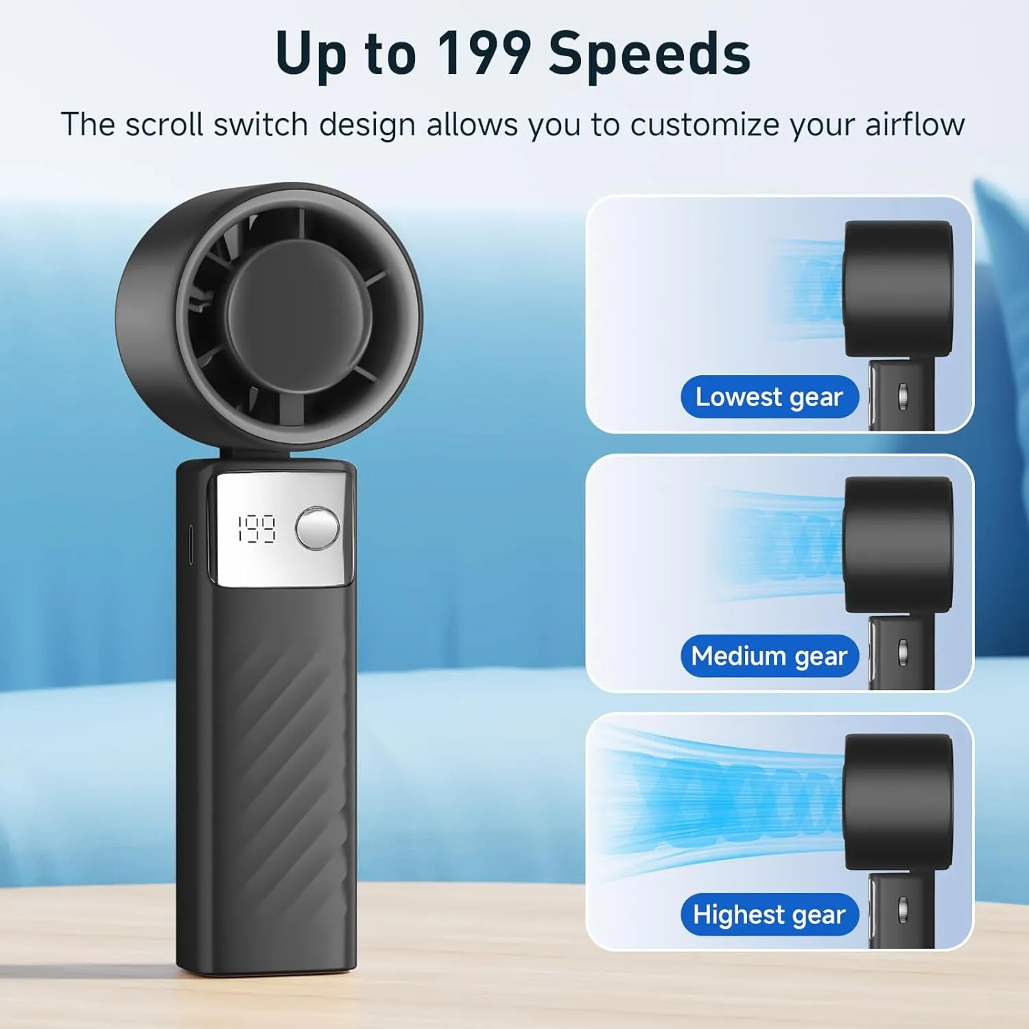 Handheld Fan, Powerful Portable Fan[20Hrs Max Cooling], Turbo Mini Fans,105 Personal Rechargeable Fans, 1-199 Speed, Foldable, LED Display, Gifts for Women Men Outdoor Indoor (Dark Black)