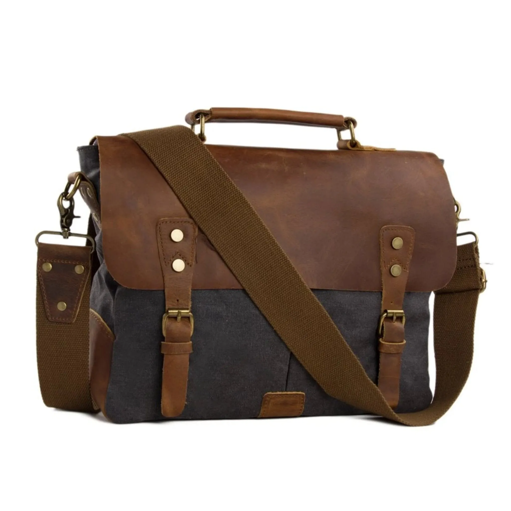 Handmade Waxed Canvas & Leather Satchel Messenger Bag - Dark Grey/Brown