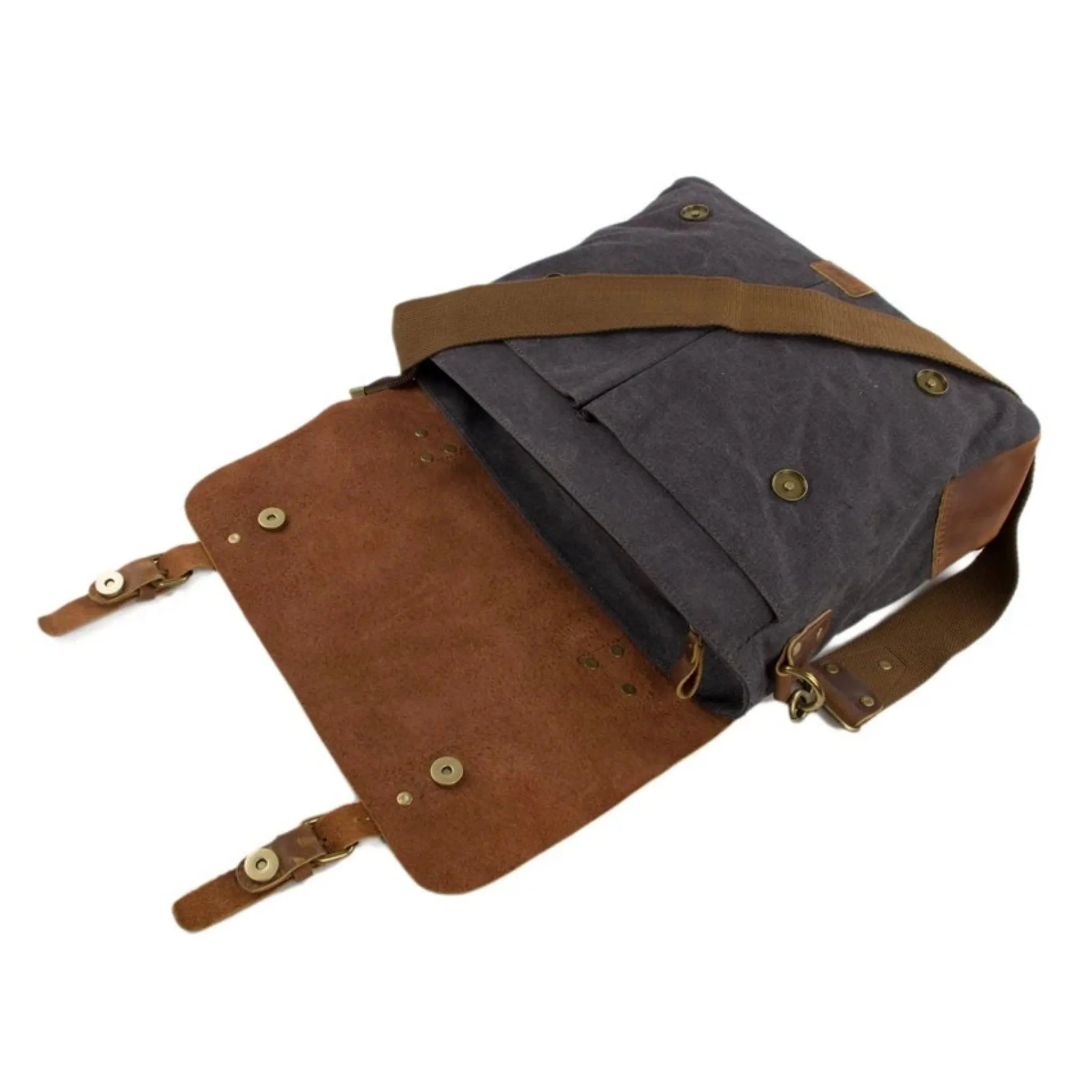 Handmade Waxed Canvas & Leather Satchel Messenger Bag - Dark Grey/Brown