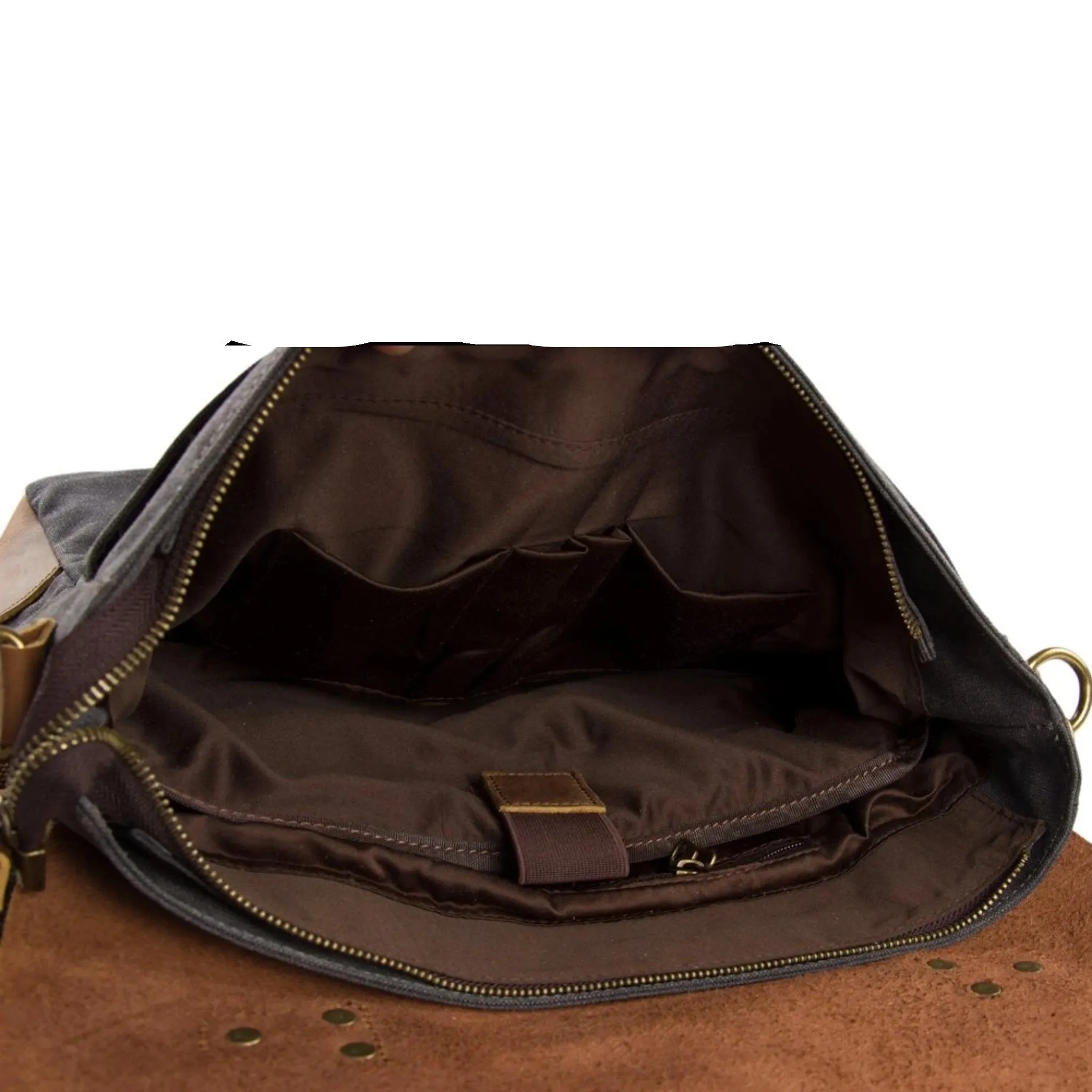 Handmade Waxed Canvas & Leather Satchel Messenger Bag - Dark Grey/Brown