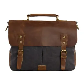 Handmade Waxed Canvas & Leather Satchel Messenger Bag - Dark Grey/Brown