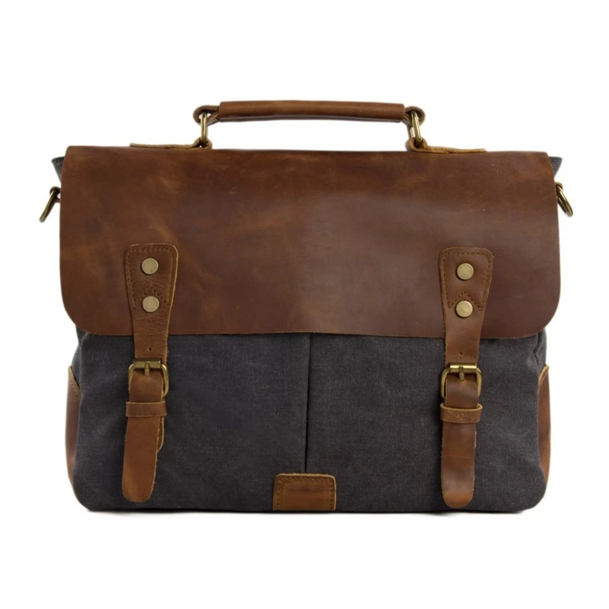 Handmade Waxed Canvas & Leather Satchel Messenger Bag - Dark Grey/Brown