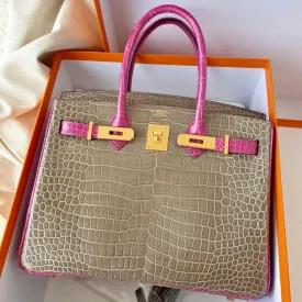Hermès Birkin HSS 30 Gris Tourterelle/Rose Sheherazade Crocodile Porosus Lisse Gold Hardware GHW
