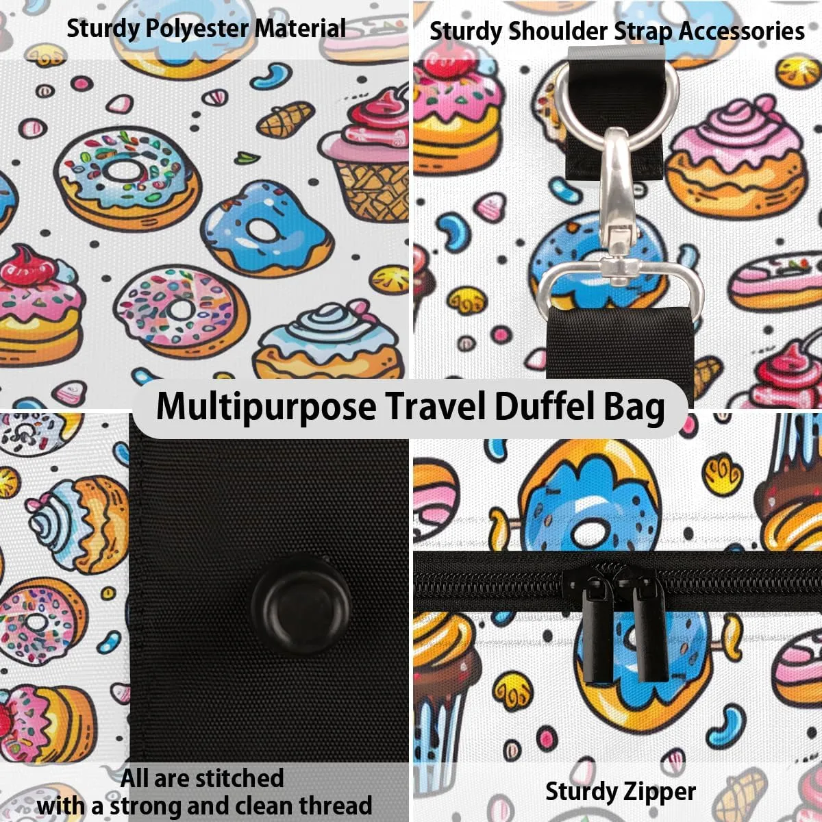 Ice Cream Donut Travel Duffle Bag, Sports Gym Bags for Women Men, Carry On Weekender Overnight Bag, Sweet Dessert Workout Hospital Airplane Trips Bag