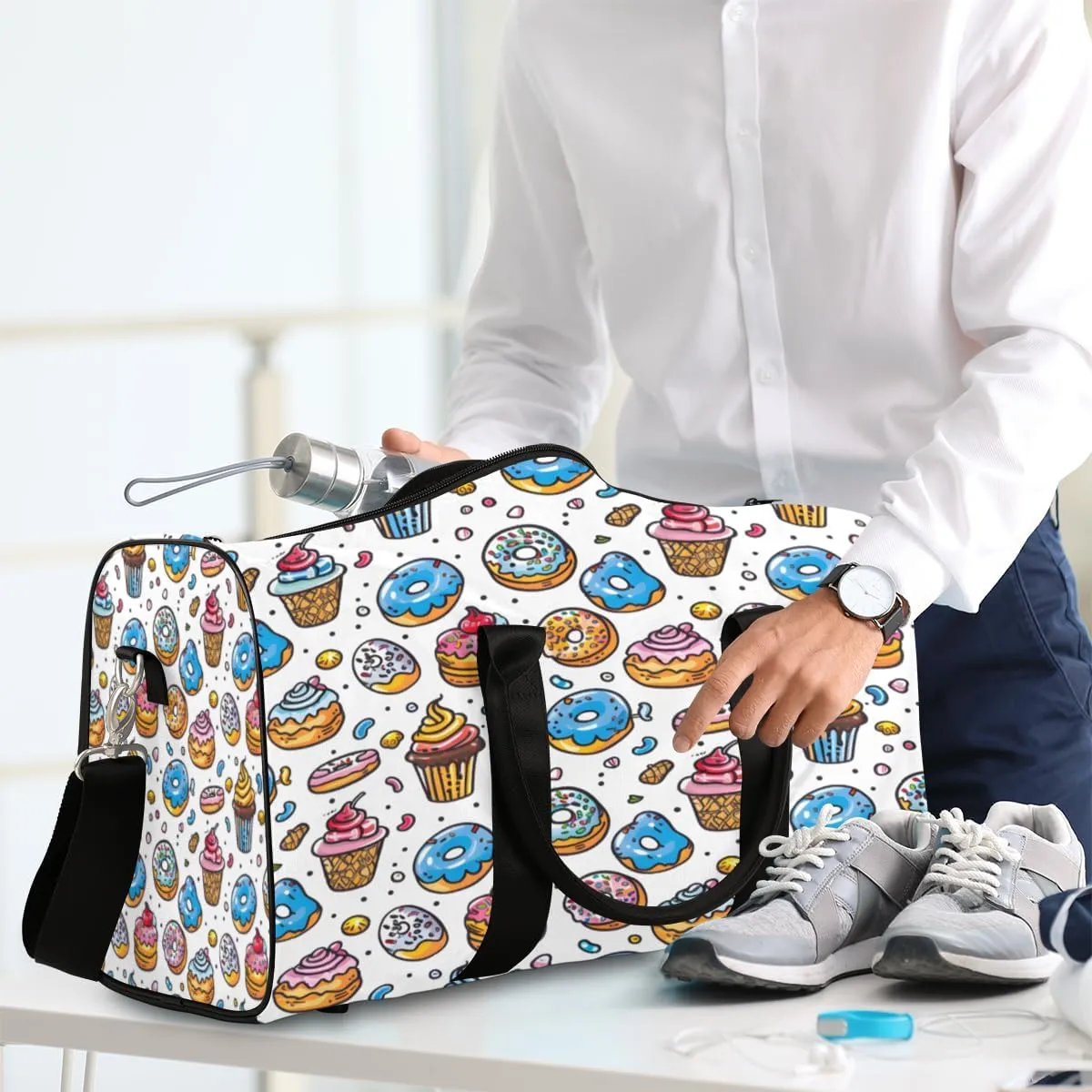 Ice Cream Donut Travel Duffle Bag, Sports Gym Bags for Women Men, Carry On Weekender Overnight Bag, Sweet Dessert Workout Hospital Airplane Trips Bag