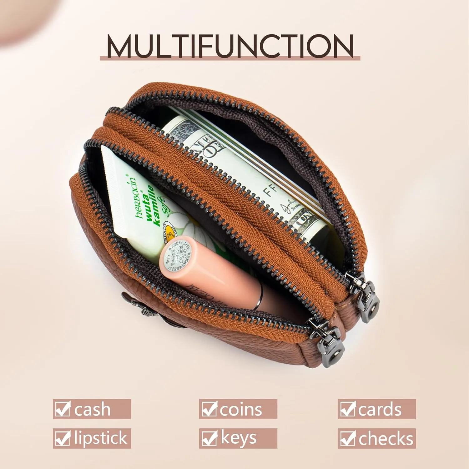 imeetu Women Leather Coin Purse, Small 2 Zippered Change Pouch Wallet