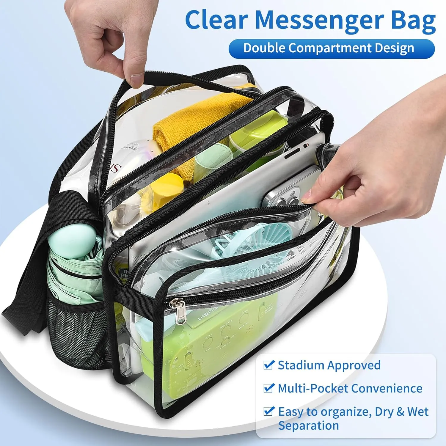Mildbeer Clear Messenger Bag with 2 Compartments, Clear Crossbody Tote Bag for Stadium Events Concerts Festivals