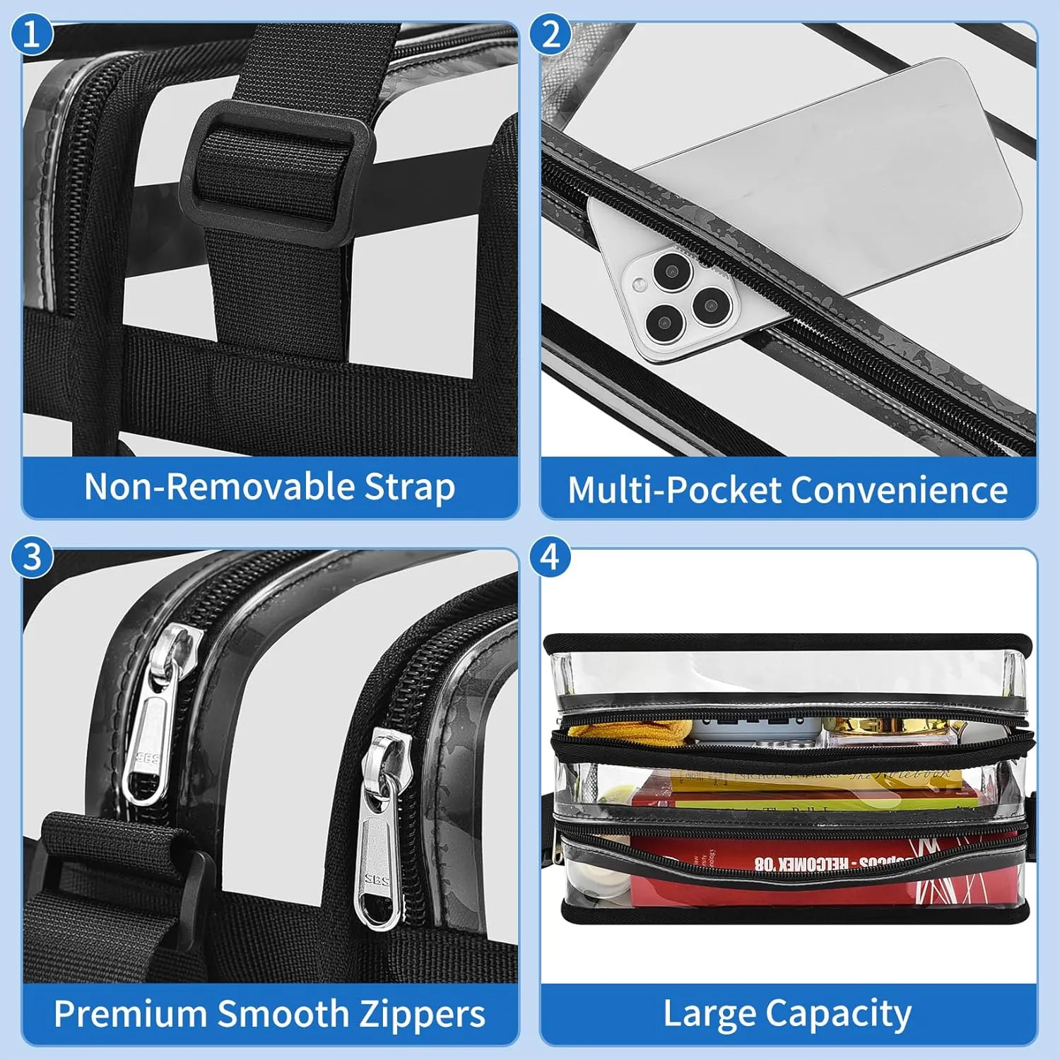 Mildbeer Clear Messenger Bag with 2 Compartments, Clear Crossbody Tote Bag for Stadium Events Concerts Festivals