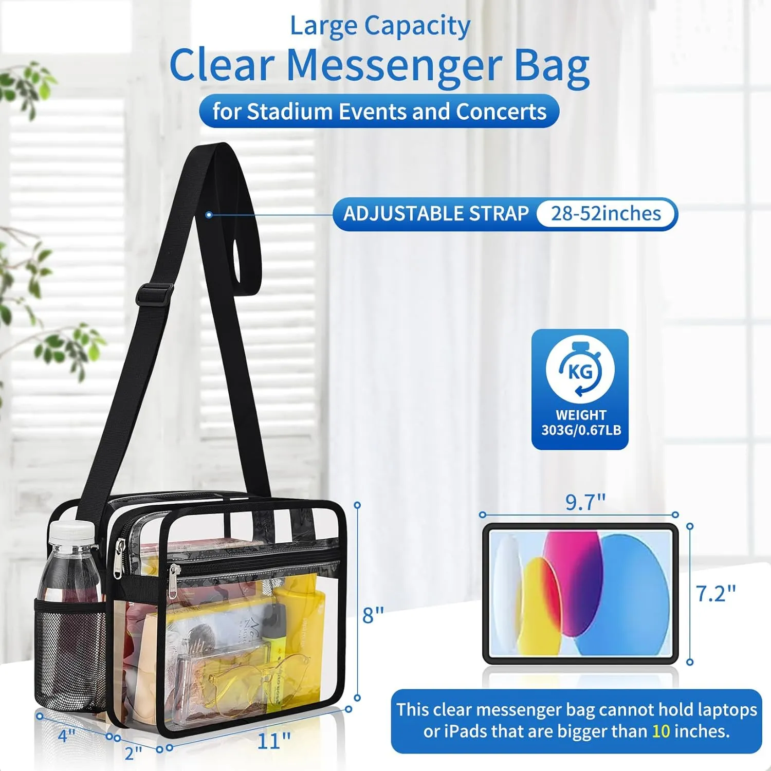 Mildbeer Clear Messenger Bag with 2 Compartments, Clear Crossbody Tote Bag for Stadium Events Concerts Festivals