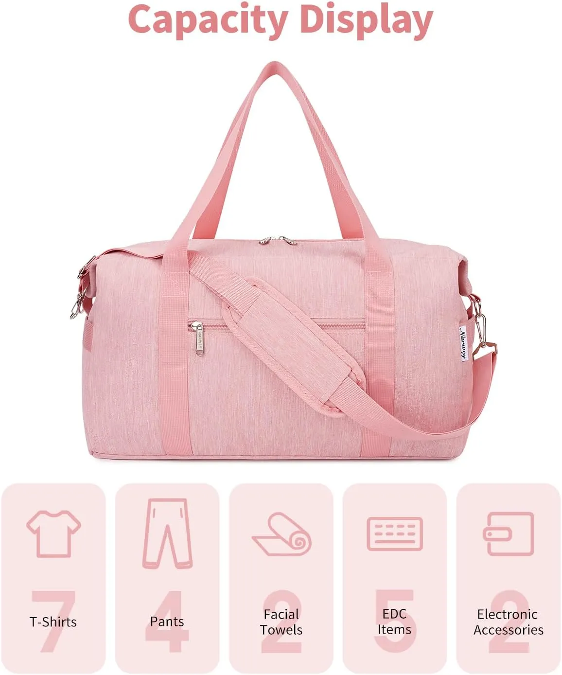 Narwey Weekender Bag for Women - Overnight Travel Duffel, Hospital, Spirit Airlines Personal Item 18x14x8, Carry-on Underseat With Wet Pocket, Small Gym (Pink)
