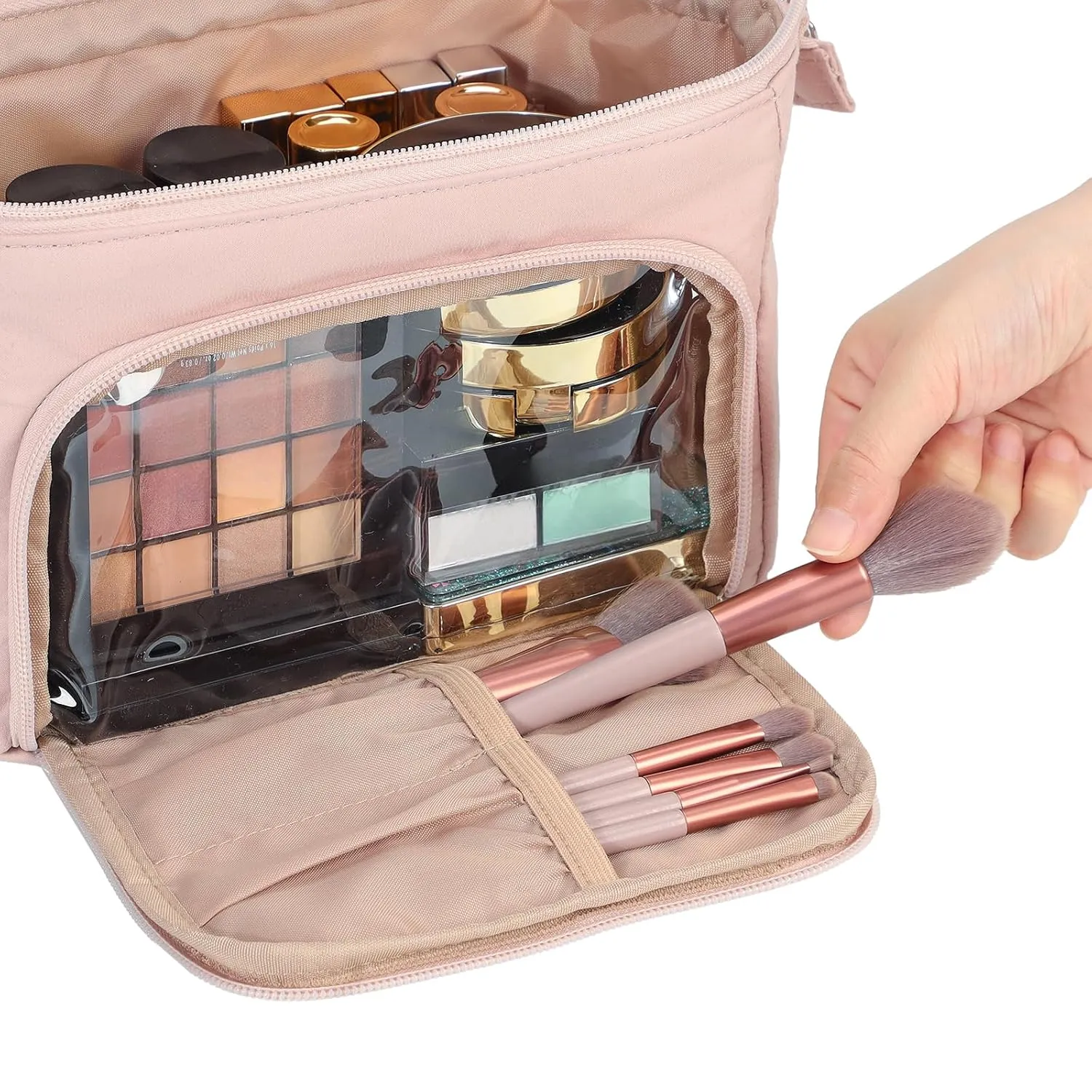 NISHEL Travel Makeup Bag for Women with Custom Front Pockets, Large Wide-open Case, Portable Essentials Organizer To Hold Travel-Size Accessory Bottles, Cosmetics, Brushes And More, Pink