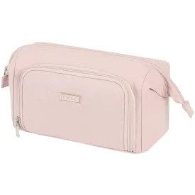 NISHEL Travel Makeup Bag for Women with Custom Front Pockets, Large Wide-open Case, Portable Essentials Organizer To Hold Travel-Size Accessory Bottles, Cosmetics, Brushes And More, Pink