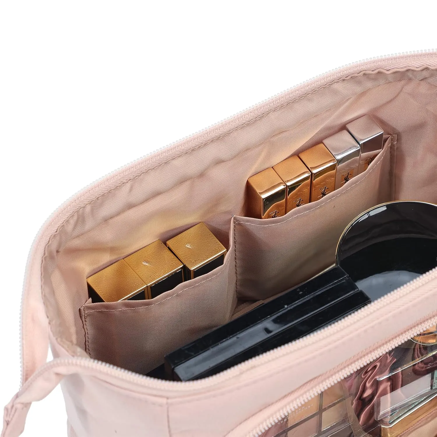 NISHEL Travel Makeup Bag for Women with Custom Front Pockets, Large Wide-open Case, Portable Essentials Organizer To Hold Travel-Size Accessory Bottles, Cosmetics, Brushes And More, Pink
