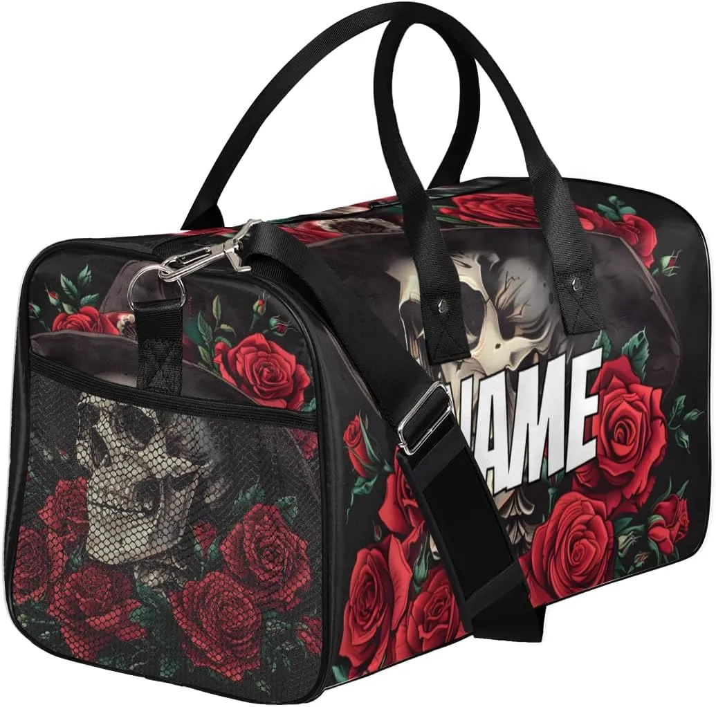 Personalized Rose Skull Travel Duffel Bag with Name, Custom Gym Sport Bag Gothic Style Carry On Weekend Overnight Duffel Tote for Men Women