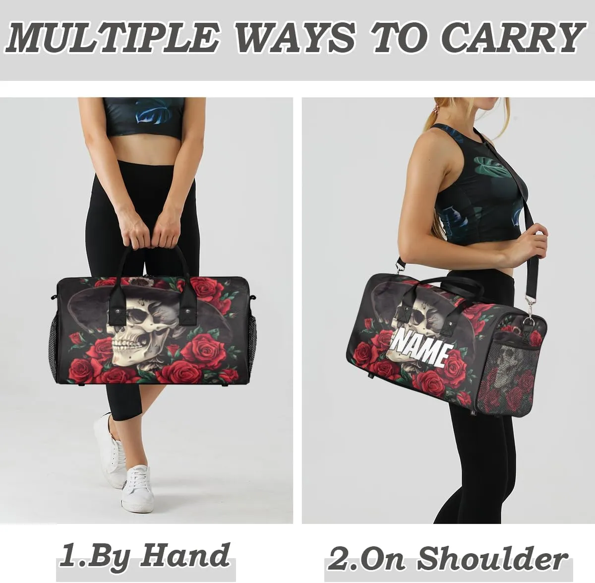 Personalized Rose Skull Travel Duffel Bag with Name, Custom Gym Sport Bag Gothic Style Carry On Weekend Overnight Duffel Tote for Men Women