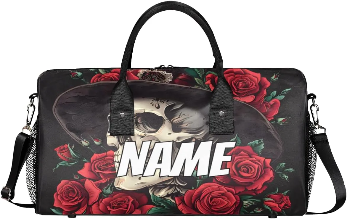 Personalized Rose Skull Travel Duffel Bag with Name, Custom Gym Sport Bag Gothic Style Carry On Weekend Overnight Duffel Tote for Men Women