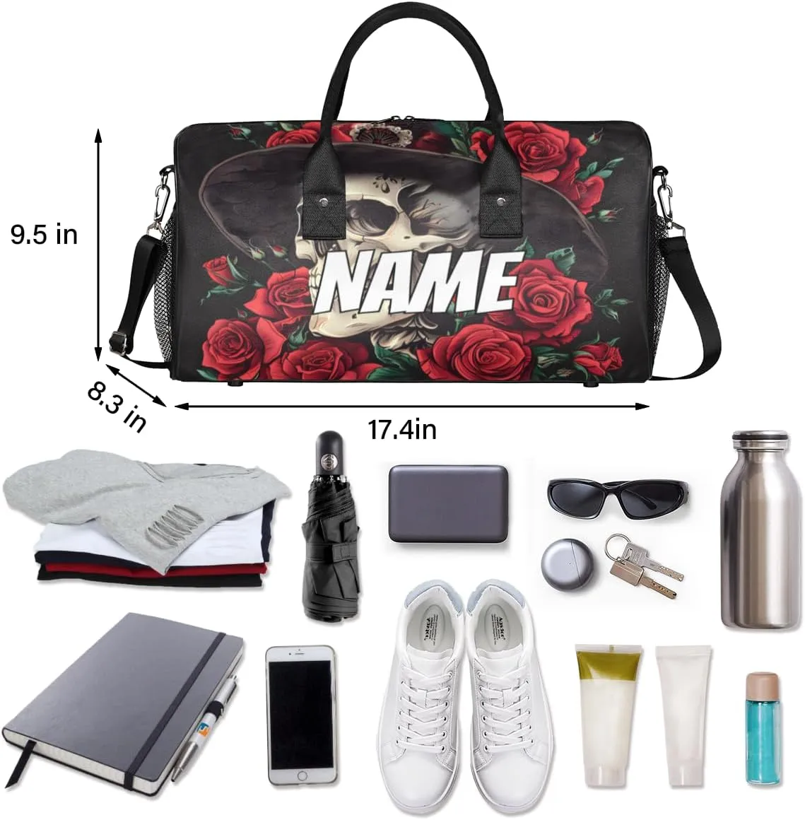 Personalized Rose Skull Travel Duffel Bag with Name, Custom Gym Sport Bag Gothic Style Carry On Weekend Overnight Duffel Tote for Men Women