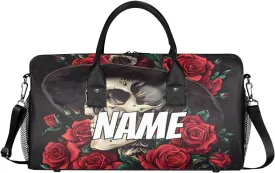 Personalized Rose Skull Travel Duffel Bag with Name, Custom Gym Sport Bag Gothic Style Carry On Weekend Overnight Duffel Tote for Men Women