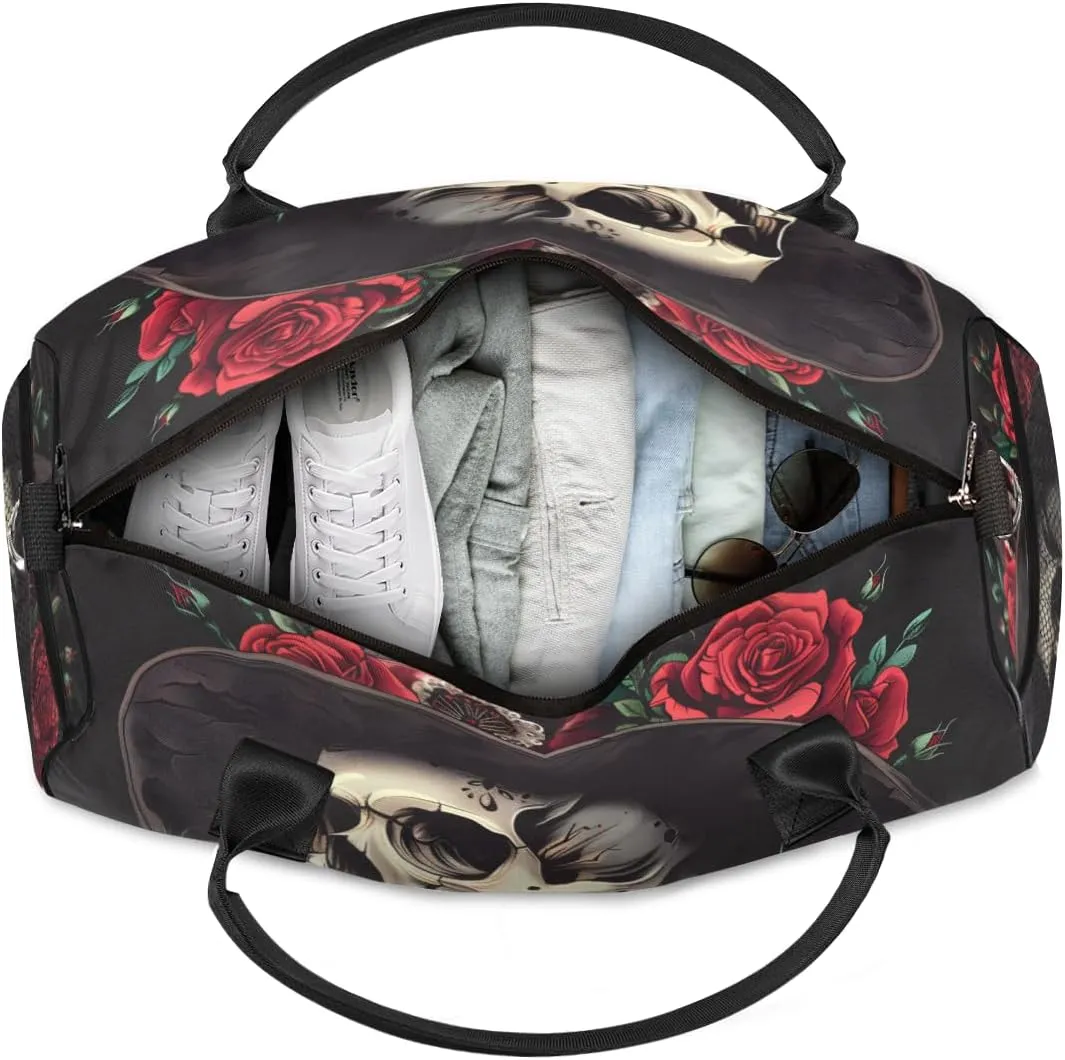 Personalized Rose Skull Travel Duffel Bag with Name, Custom Gym Sport Bag Gothic Style Carry On Weekend Overnight Duffel Tote for Men Women
