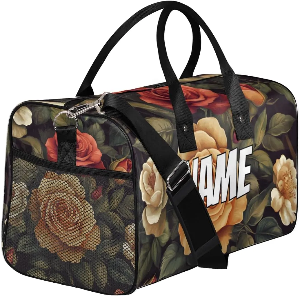 Personalized Vintage Roses Travel Duffel Bag with Name, Custom Gym Sport Bag Blossom Flowers Carry On Weekend Overnight Duffel Tote for Men Women