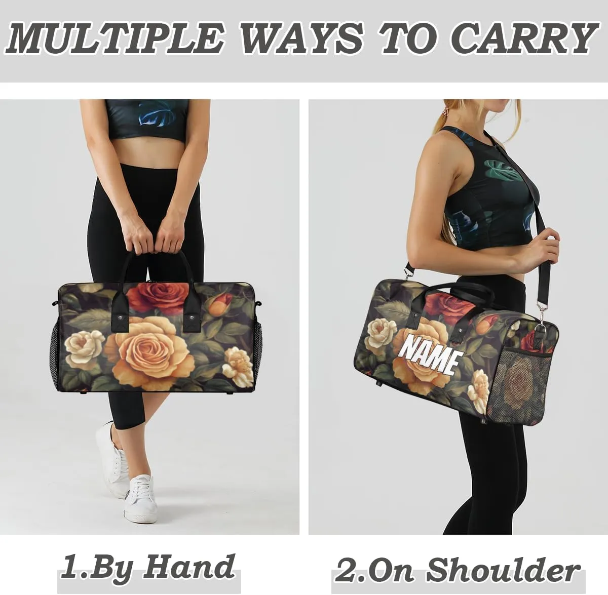 Personalized Vintage Roses Travel Duffel Bag with Name, Custom Gym Sport Bag Blossom Flowers Carry On Weekend Overnight Duffel Tote for Men Women