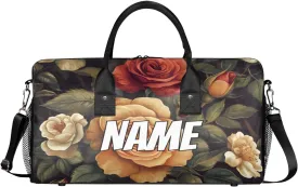 Personalized Vintage Roses Travel Duffel Bag with Name, Custom Gym Sport Bag Blossom Flowers Carry On Weekend Overnight Duffel Tote for Men Women