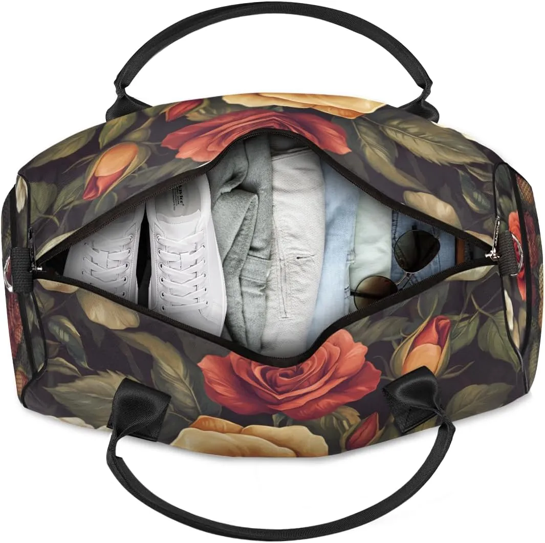 Personalized Vintage Roses Travel Duffel Bag with Name, Custom Gym Sport Bag Blossom Flowers Carry On Weekend Overnight Duffel Tote for Men Women