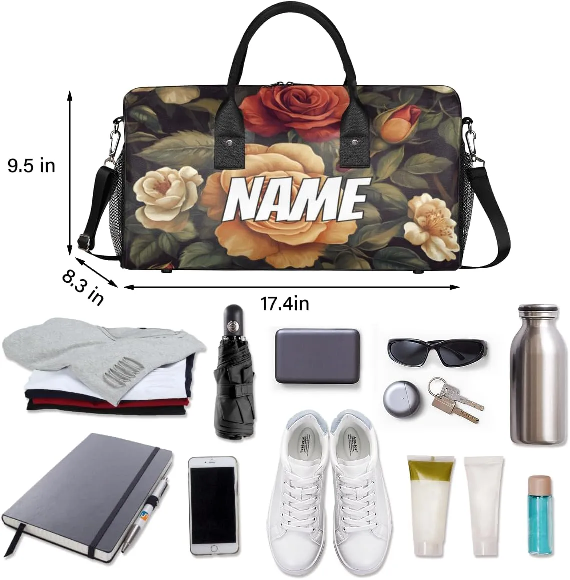 Personalized Vintage Roses Travel Duffel Bag with Name, Custom Gym Sport Bag Blossom Flowers Carry On Weekend Overnight Duffel Tote for Men Women