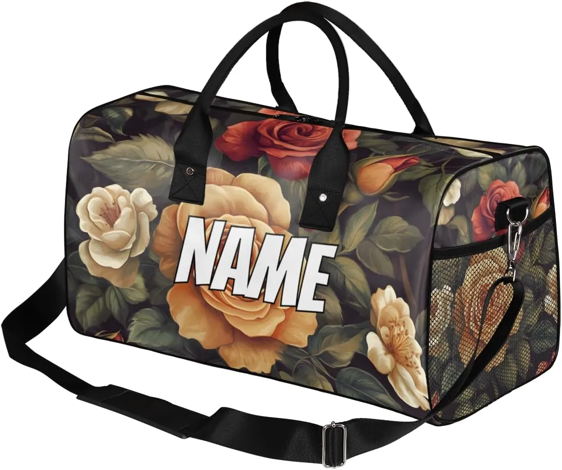 Personalized Vintage Roses Travel Duffel Bag with Name, Custom Gym Sport Bag Blossom Flowers Carry On Weekend Overnight Duffel Tote for Men Women