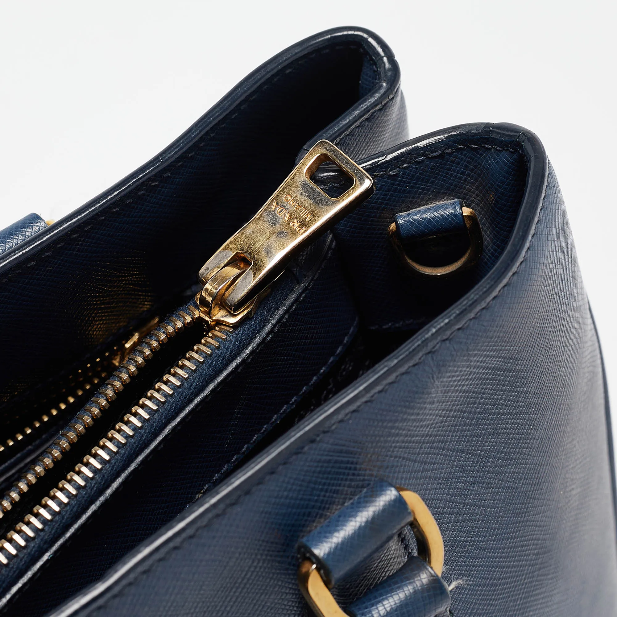 Prada Navy Blue Saffiano Lux Leather Small Middle Zip Tote