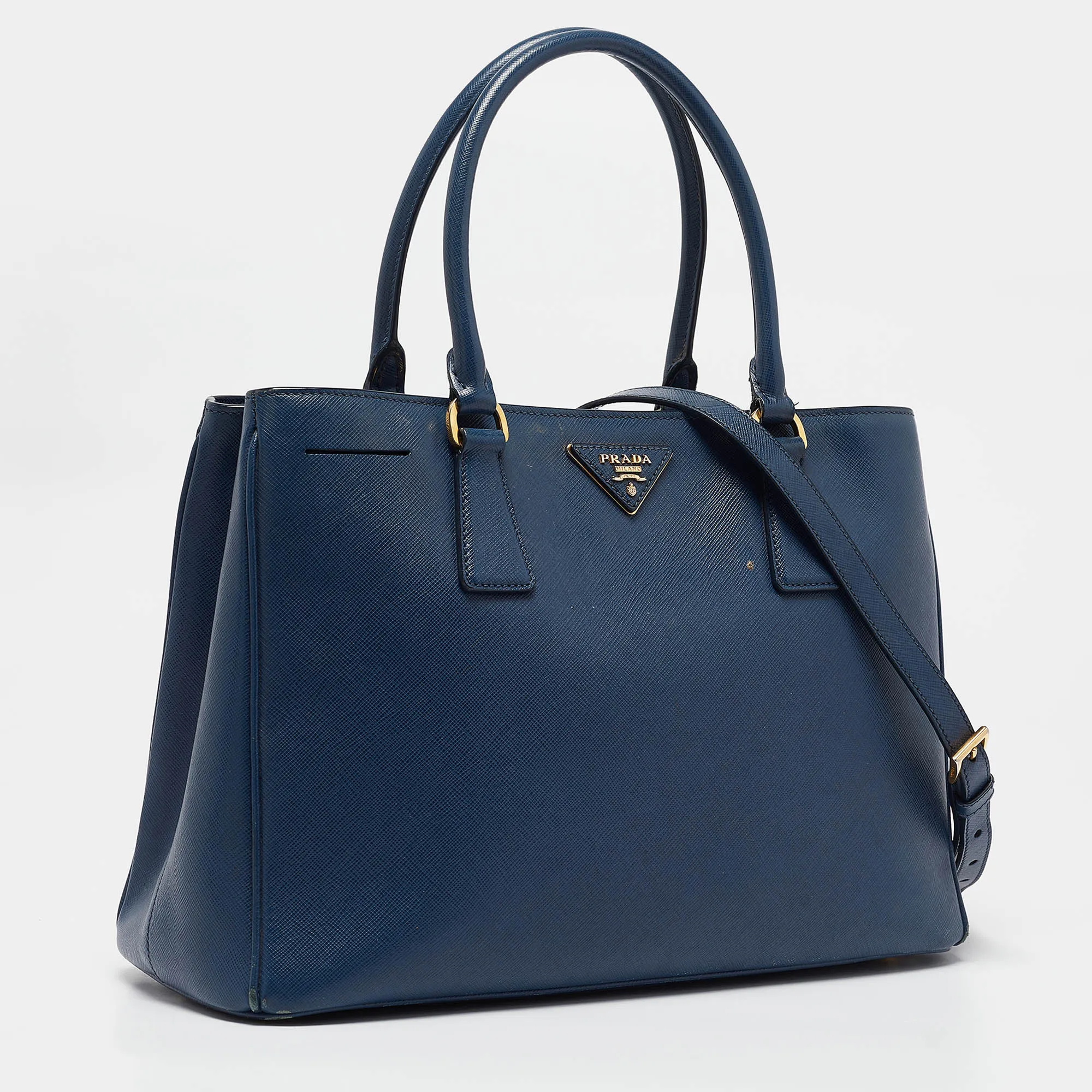 Prada Navy Blue Saffiano Lux Leather Small Middle Zip Tote