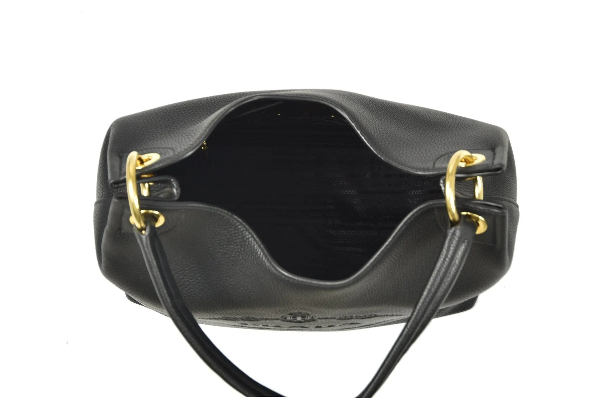 Prada Vitello Phenix Black Leather Embossed Logo Hobo Tote Bag 1BC051