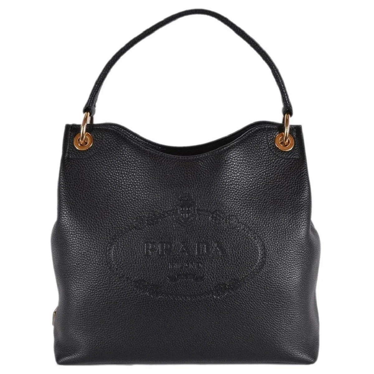 Prada Vitello Phenix Black Leather Embossed Logo Hobo Tote Bag 1BC051