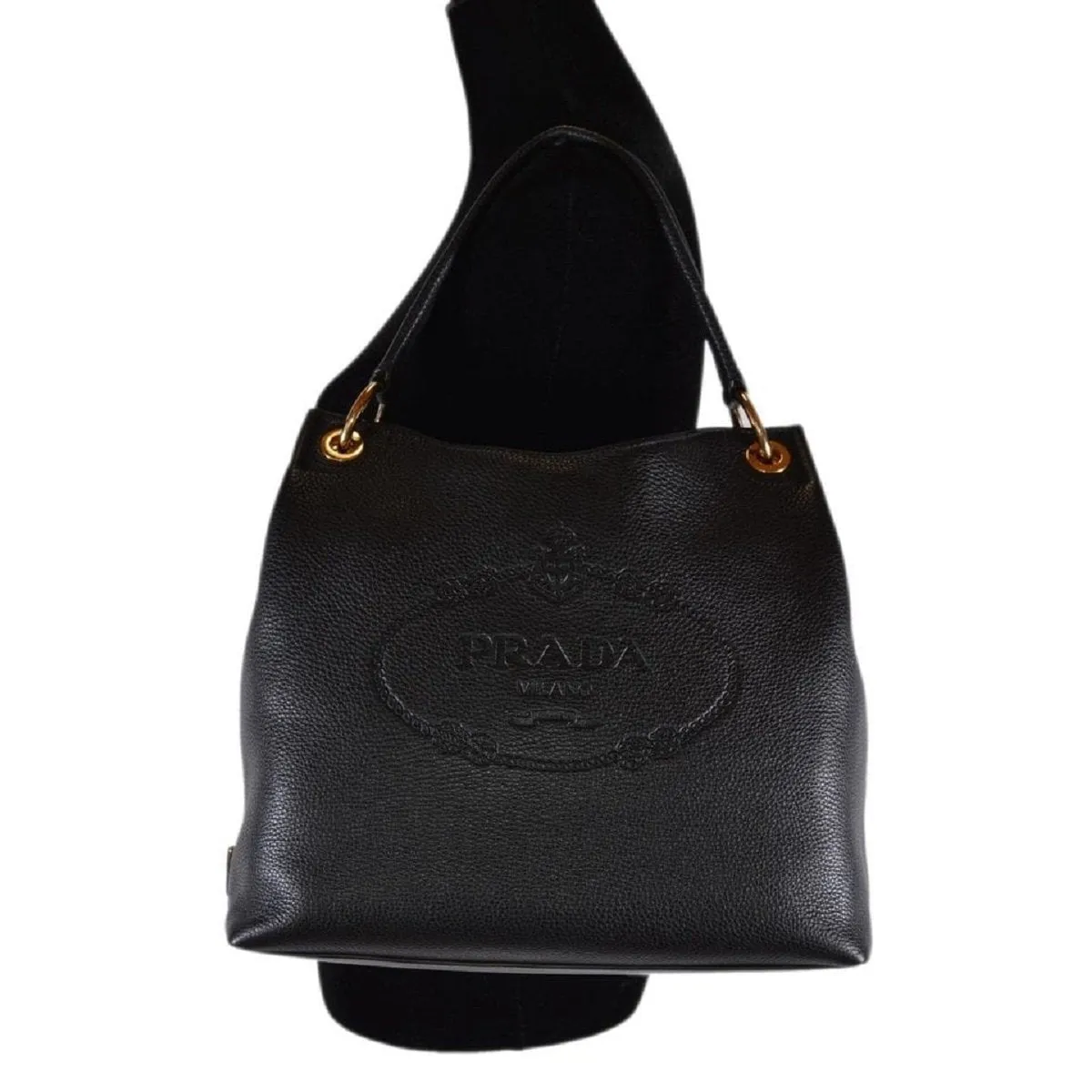 Prada Vitello Phenix Black Leather Embossed Logo Hobo Tote Bag 1BC051