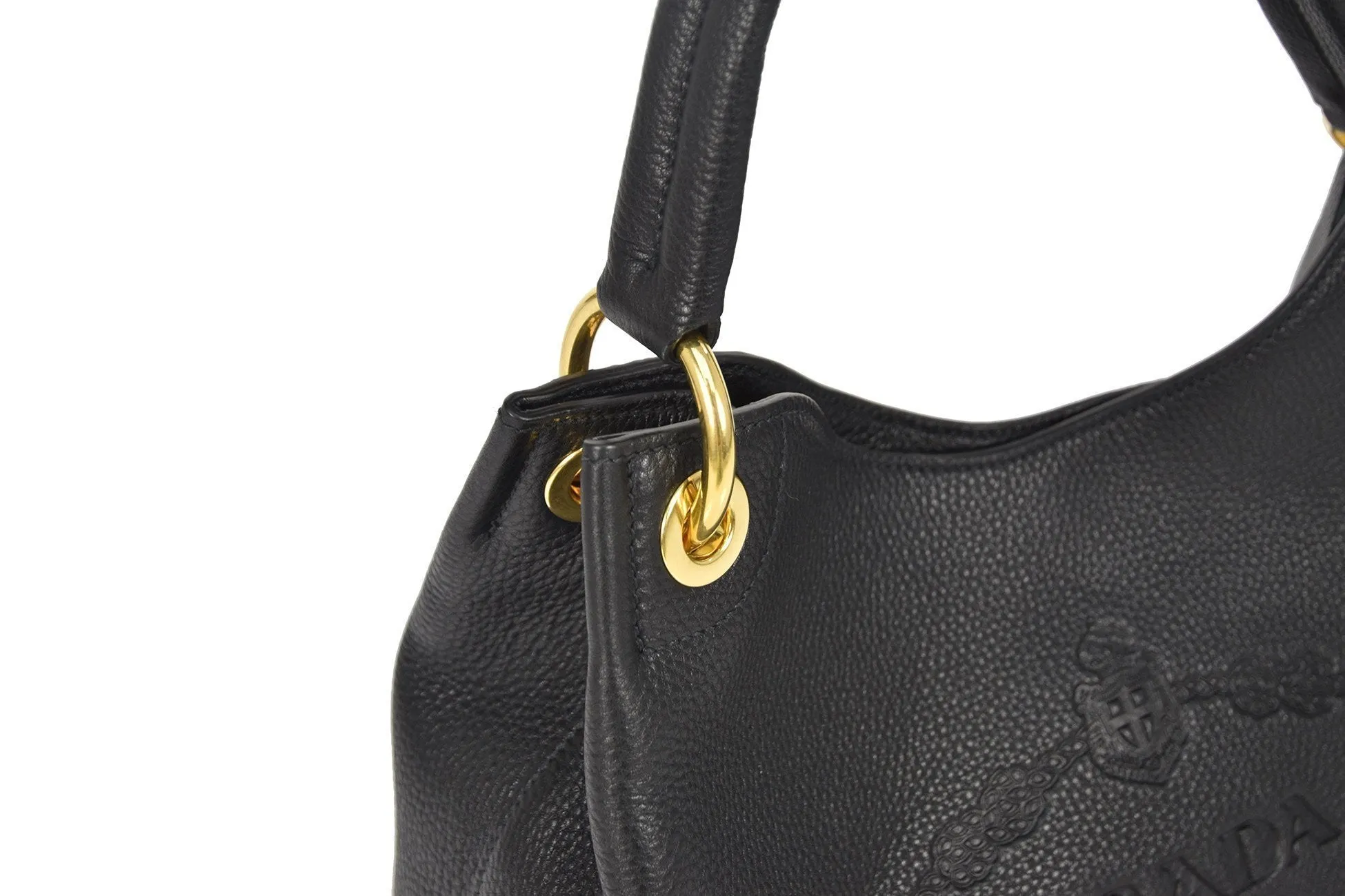 Prada Vitello Phenix Black Leather Embossed Logo Hobo Tote Bag 1BC051