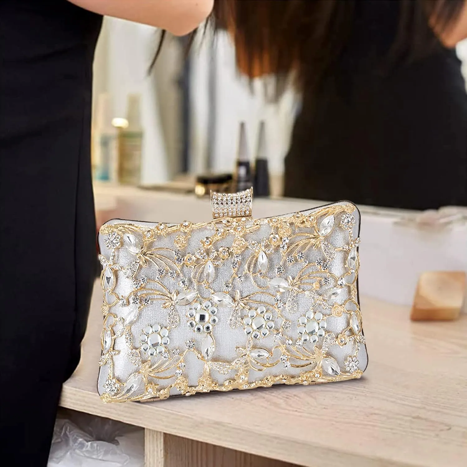 Rhinestone Evening Bag for Women Crystal Clutch Bag Sparkly Sequin Glitter Handbag Floral Shoulder Bag