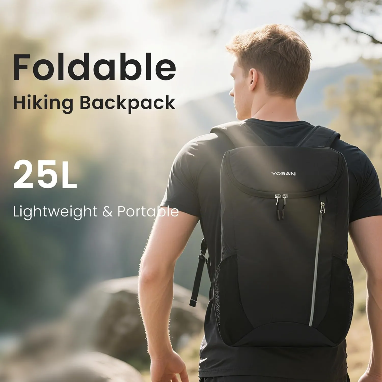 ROWNYEON 25L Lightweight Hiking Travel Backpack, Foldable Small Daypack for Travel, Camping Essentials Sport Packable Waterproof Outdoor Backpack for Women MenBlack